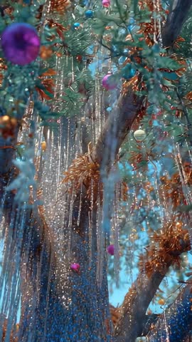 Rising Vertical Shot Circling Decorated Tree Trunk with Gold Tinsel and Sparkling Ornaments