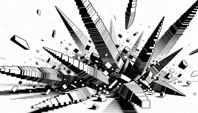Monochrome cuboid explosion radiating stepped columns in high-contrast perspective