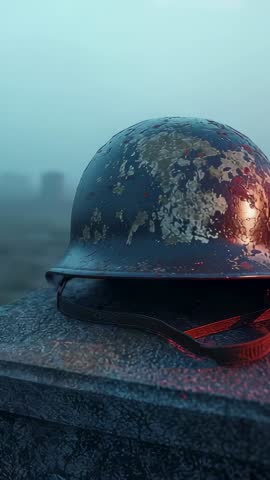 Vertical video showing weathered combat helmet with water droplets on stone ledge in fog