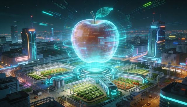 Holographic apple hovering over smart urban farm hub connecting neon city greenhouses