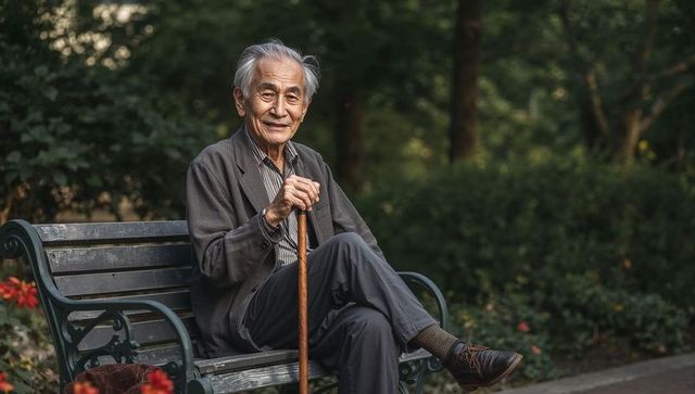 Elderly man sitting peacefully on bench in park