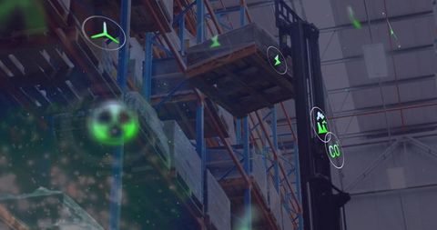 Smart warehouse pallet racking with AR holographic overlay highlighting inventory and CO data