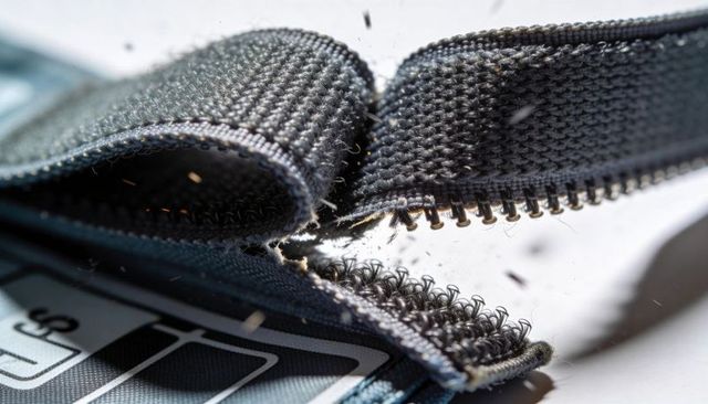 Macro closeup of gray hook-and-loop fastener separating to reveal zipper teeth and lint