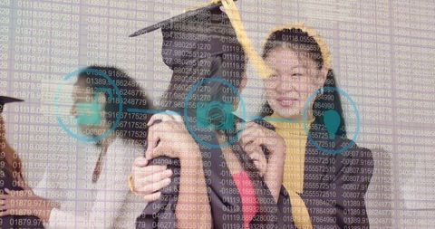 Laughing graduates celebrating with digital data overlay and teal hud circles