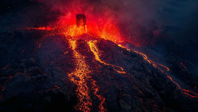 Nighttime volcanic eruption sending molten lava down steep slopes with glowing fissures
