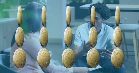 Business Discussion with Futuristic Cryptocurrency Overlay