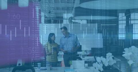 Business Professionals Collaborating in Futuristic Office Space