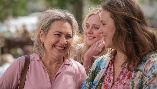 Generations sharing joy outdoors: mother and two adult daughters laughing