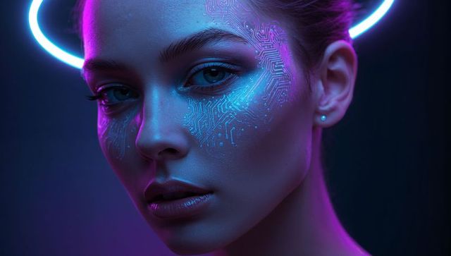 Futuristic female model wearing neon halo and circuit-pattern makeup in cyberpunk lighting