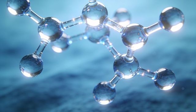 Glass molecular model with blue refraction and specular highlights for science and research