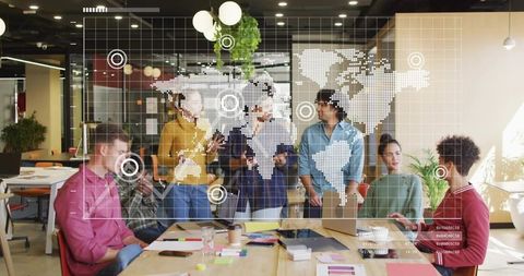 Presenting global strategy with AR world map in modern collaborative office workspace
