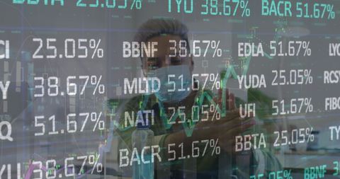 Businessman using hand sanitizer amid global stock market graphics