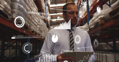 Warehouse Manager Analyzing Inventory on Tablet with Augmented Analytics in Warehouse Aisle