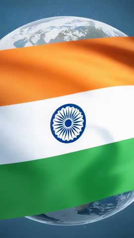 Indian Flag Waving Over Rotating Earth in Starfield Vertical CGI Loop for National Pride