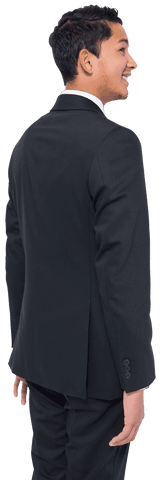 Transparent back view of smiling businesswoman suit