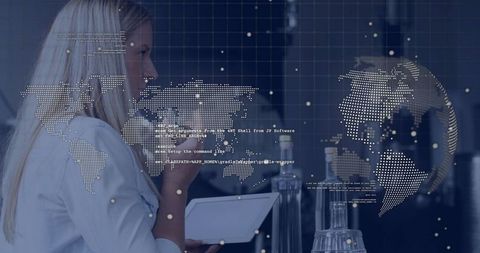 Woman Analyzing Data on Tablet with Virtual World Map Overlay