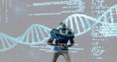 Futuristic Athlete Among DNA Strands and Digital Code