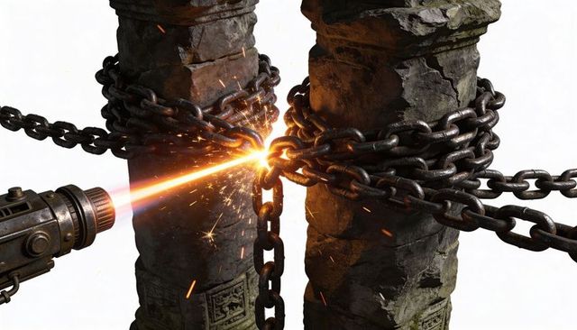Torch cutting rusted iron chains wrapped around ancient carved stone pillars with sparks