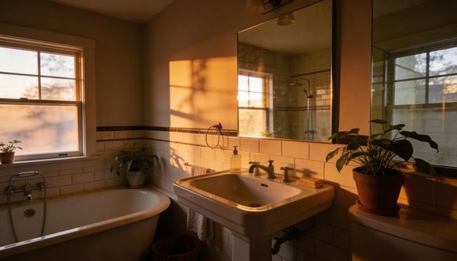 Sunlit bathroom showcasing porcelain pedestal sink with vintage chrome faucets and mirror reflection