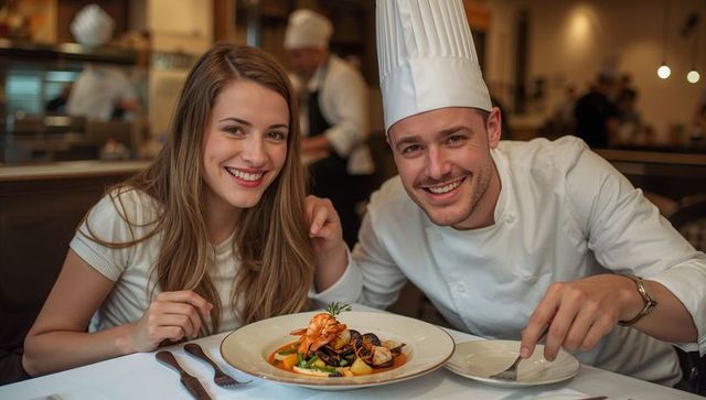 Smiling chef and diner presenting plated seafood with shrimp and mussels in elegant restaurant
