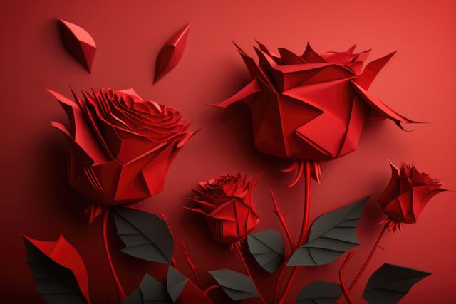 Image of red origami paper roses on red background, created using generative ai technology. Origami, art, nature and flowers, digitally generated image.