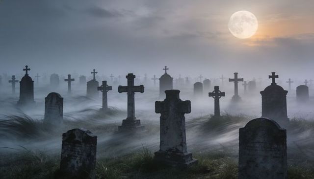 Moonlit foggy graveyard with weathered crosses swaying in mist under full moon