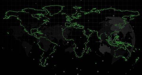 Glowing holographic world map overlaying digital grid with neon contours for cyber dataviz