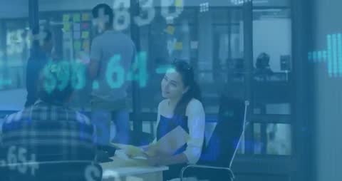 Collaborative Office Meeting with Digital Finance Overlay