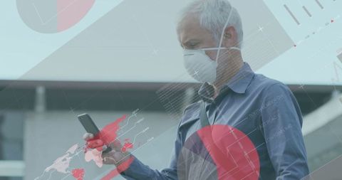 Caucasian Man in Mask Using Smartphone with Data Overlay