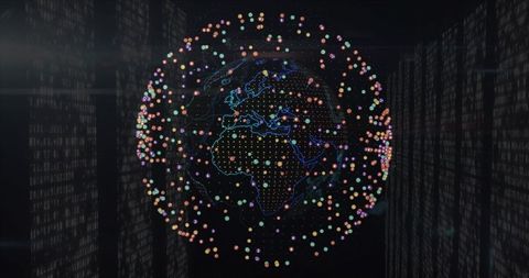 Futuristic Neon Globe with Data and Binary Code in Digital Space