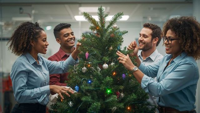 Diverse colleagues joyfully decorating christmas tree in office