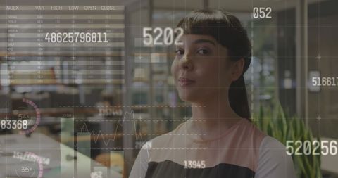 Confident Businesswoman Analyzing Data with Futuristic Interface