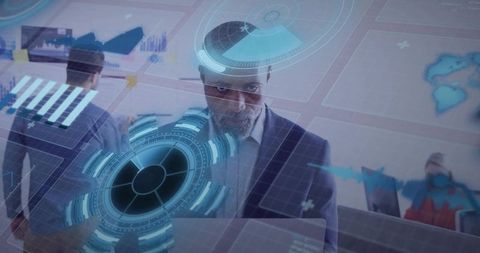 Executive using holographic hud for team analytics and strategic collaboration
