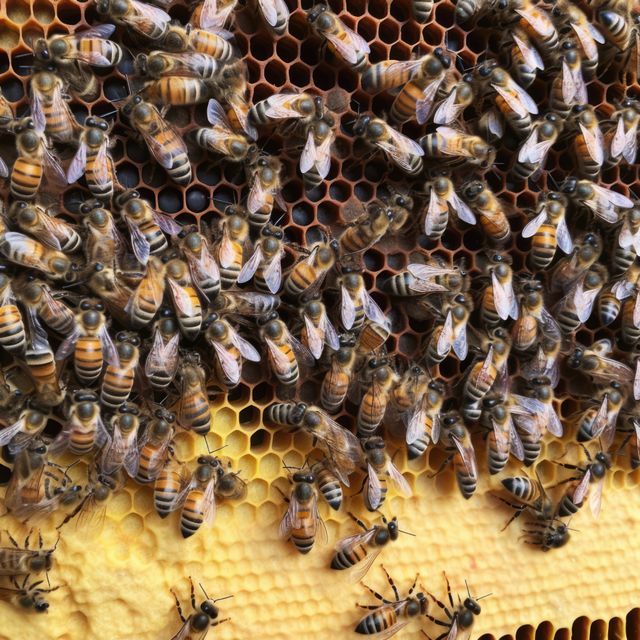 Bees busily working on honeycomb inside a hive, with hexagonal cells visible. Useful for topics on beekeeping, honey production, nature, and insect behavior.