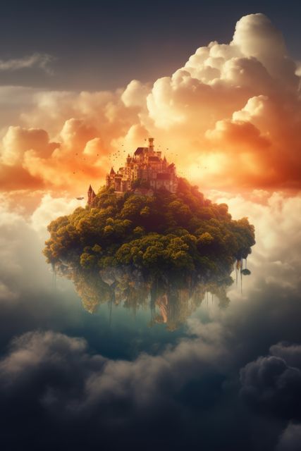 Island in the sky with castle and greenery and clouds, created using generative ai technology. Fantasy and travel concept digitally generated image.