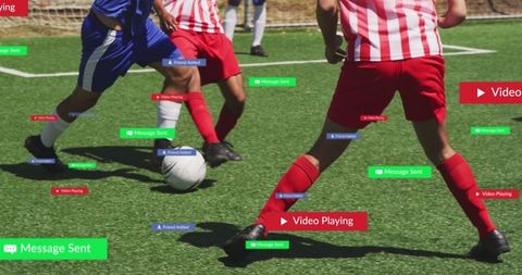 Digital overlays on soccer field with players and social media icons