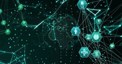 Digital Global Network with Cybersecurity and Healthtech Icons