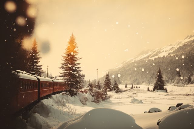 A picturesque scene featuring a train travelling through a serene, snowy winter landscape during sunset. Snow-covered mountains and pine trees frame the view, with soft snowfall adding a magical touch. Perfect for travel-themed material, promoting winter tourism, or illustrating serene winter adventures.