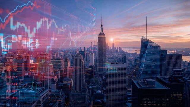 Empire State Building with Financial Overlay at Sunset Urban Skyline