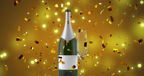 Champagne Celebration with Falling Confetti on Gold Background
