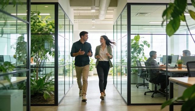 Walking and collaborating colleagues in modern green office with glass partitions, daylight
