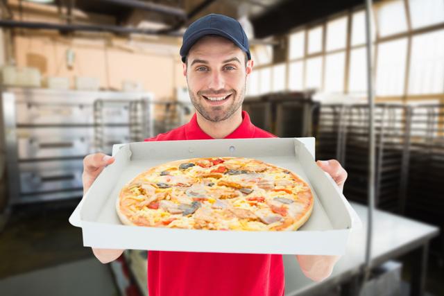 Smiling delivery man in uniform holding a fresh pizza in a box, standing in a restaurant kitchen. Ideal for use in advertisements for food delivery services, restaurant promotions, or fast food marketing campaigns.