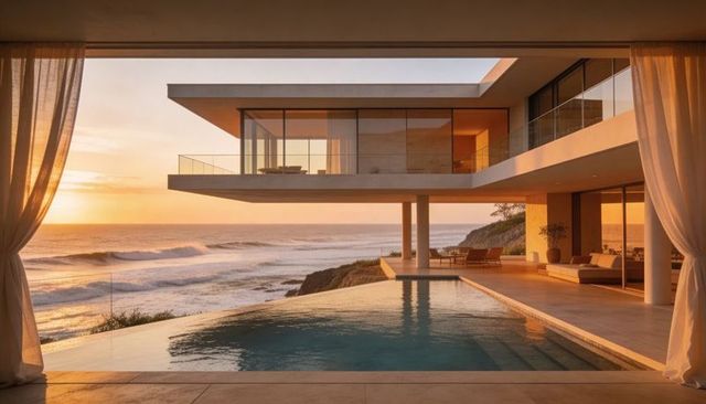 Sunset-lit modern coastal villa overhanging infinity pool with cantilevered glass living