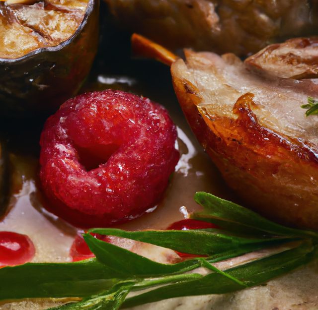 Close-up of an artfully presented gourmet dish featuring a fresh raspberry, meat, and herbs. Ideal for use in culinary magazines, restaurant menus, food blog visuals, high-end dining promotional materials, and gourmet recipe websites.