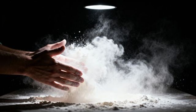 Clapping Hands Creating Flour Cloud Under Overhead Lamp, Dramatic Baking Action Shot Powder