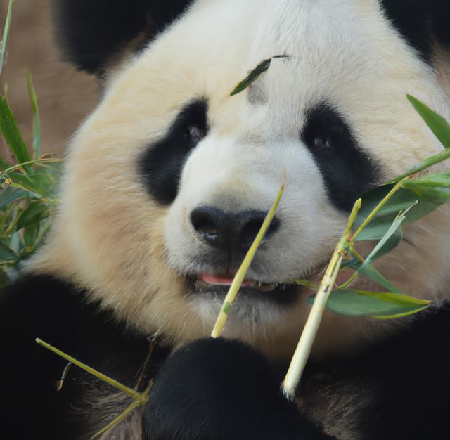 Giant panda enjoying bamboo snack close-up. Ideal for wildlife conservation campaigns, zoos, and educational content about animals. Can also be used in children's books or anything related to cute animals or natural habitats.