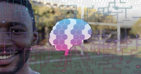 Mid-adult man smiling with hexagonal digital brain overlay in park, ai neural network concept