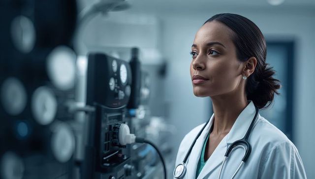 Focused female physician monitoring critical care monitors in icu with stethoscope