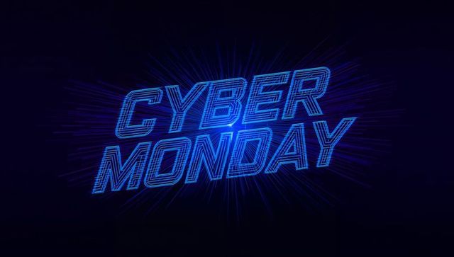 Radiating Cyber Monday Neon Wireframe Headline with Holographic Starburst Light Rays