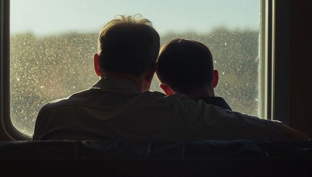 Caregiver and Teen Sitting and Leaning on Train Bench with Sunlit Window Silhouette